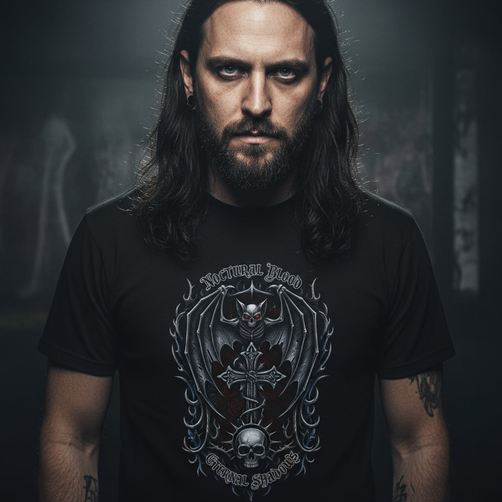 Nocturnal Blood, Eternal Shadows Graphic T-Shirt - Dark Winged Design