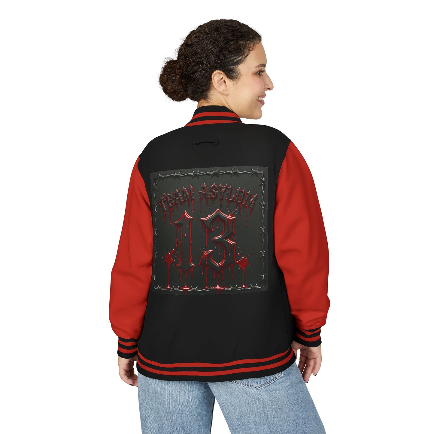 Letterman Gothic 13 Red Metal Patch Varsity Jacket