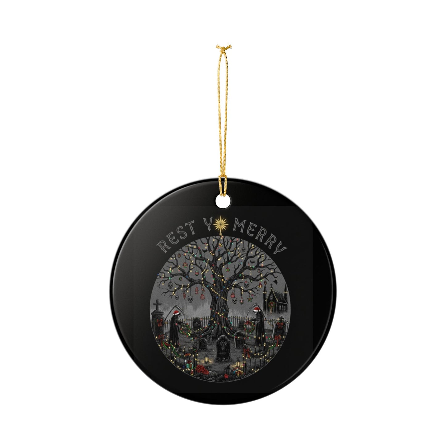 Ceramic Ornament 'Rest V Merry' Gothic Graveyard Christmas Tree Decoration
