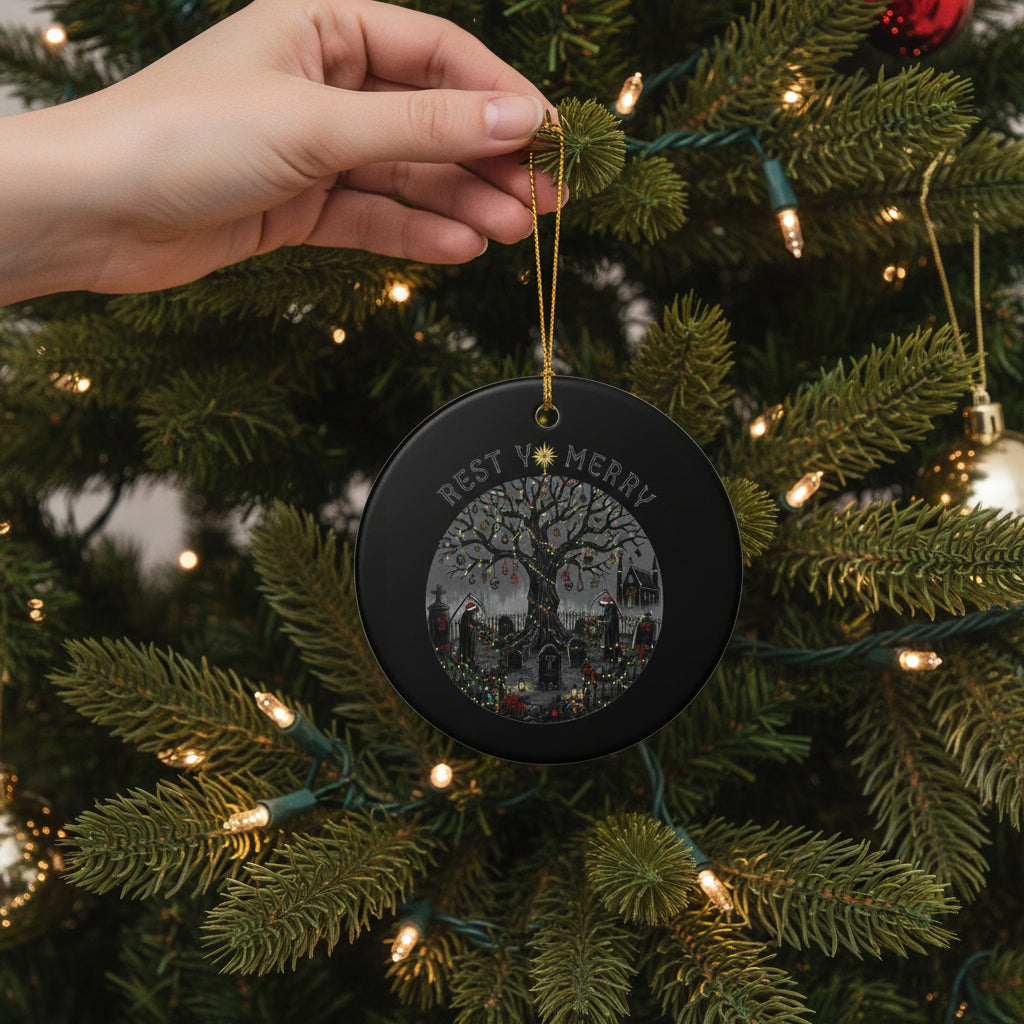 Ceramic Ornament 'Rest V Merry' Gothic Graveyard Christmas Tree Decoration