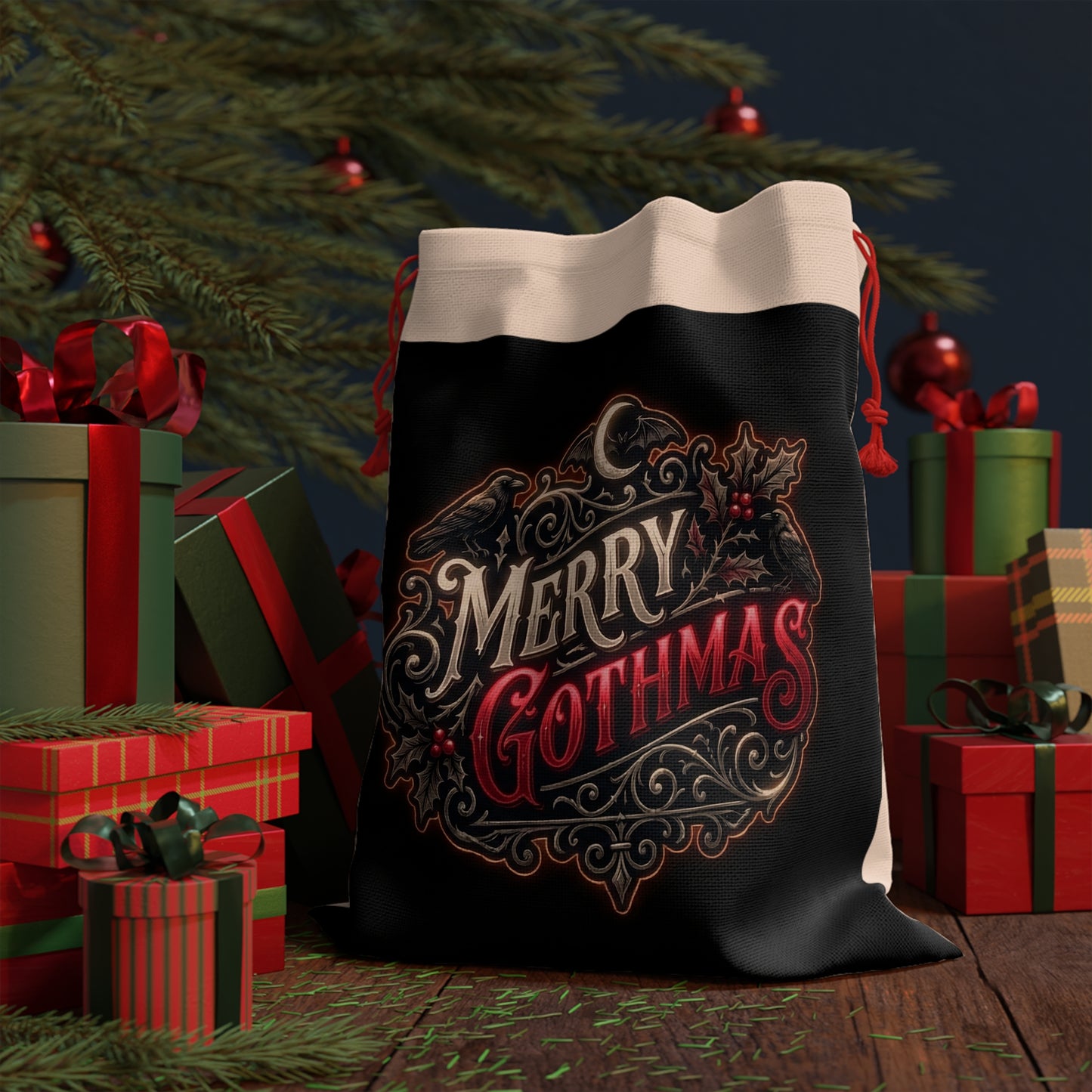 Merry Gothmas Gift Bag — Gothic Holiday Drawstring Pouch