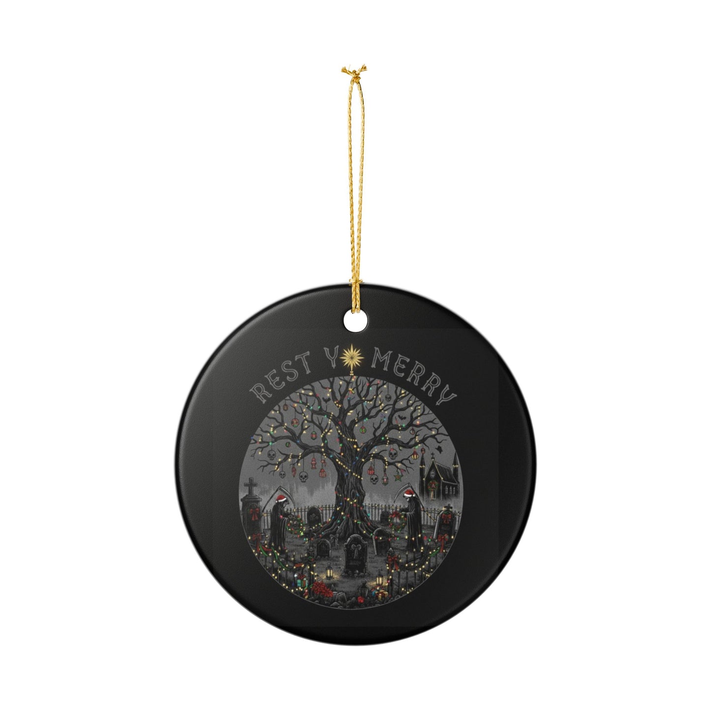 Ceramic Ornament 'Rest V Merry' Gothic Graveyard Christmas Tree Decoration