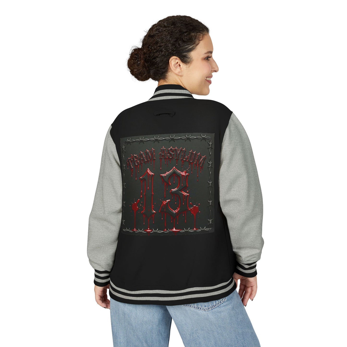 Letterman Gothic 13 Red Metal Patch Varsity Jacket