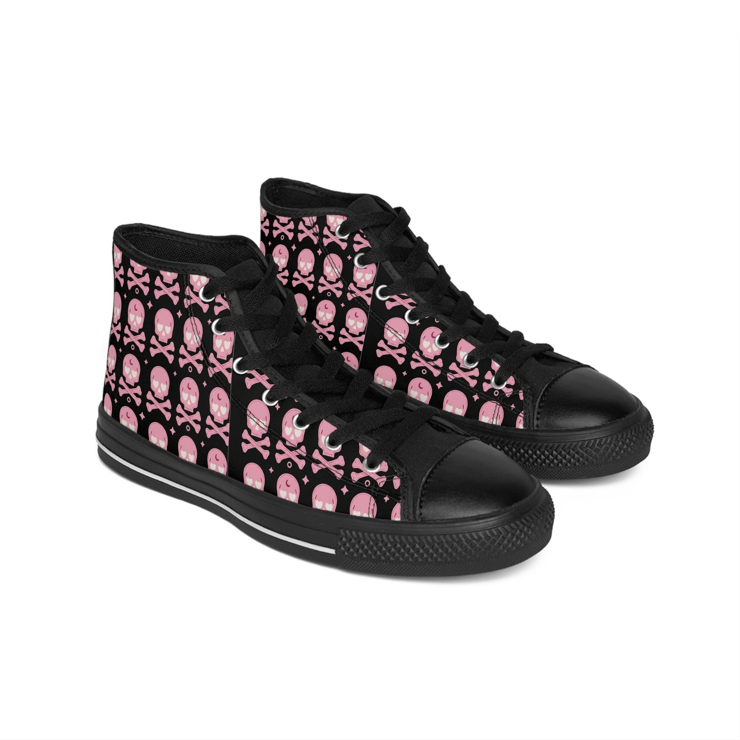 Women's High-Top Sneakers with Pink Skull Design