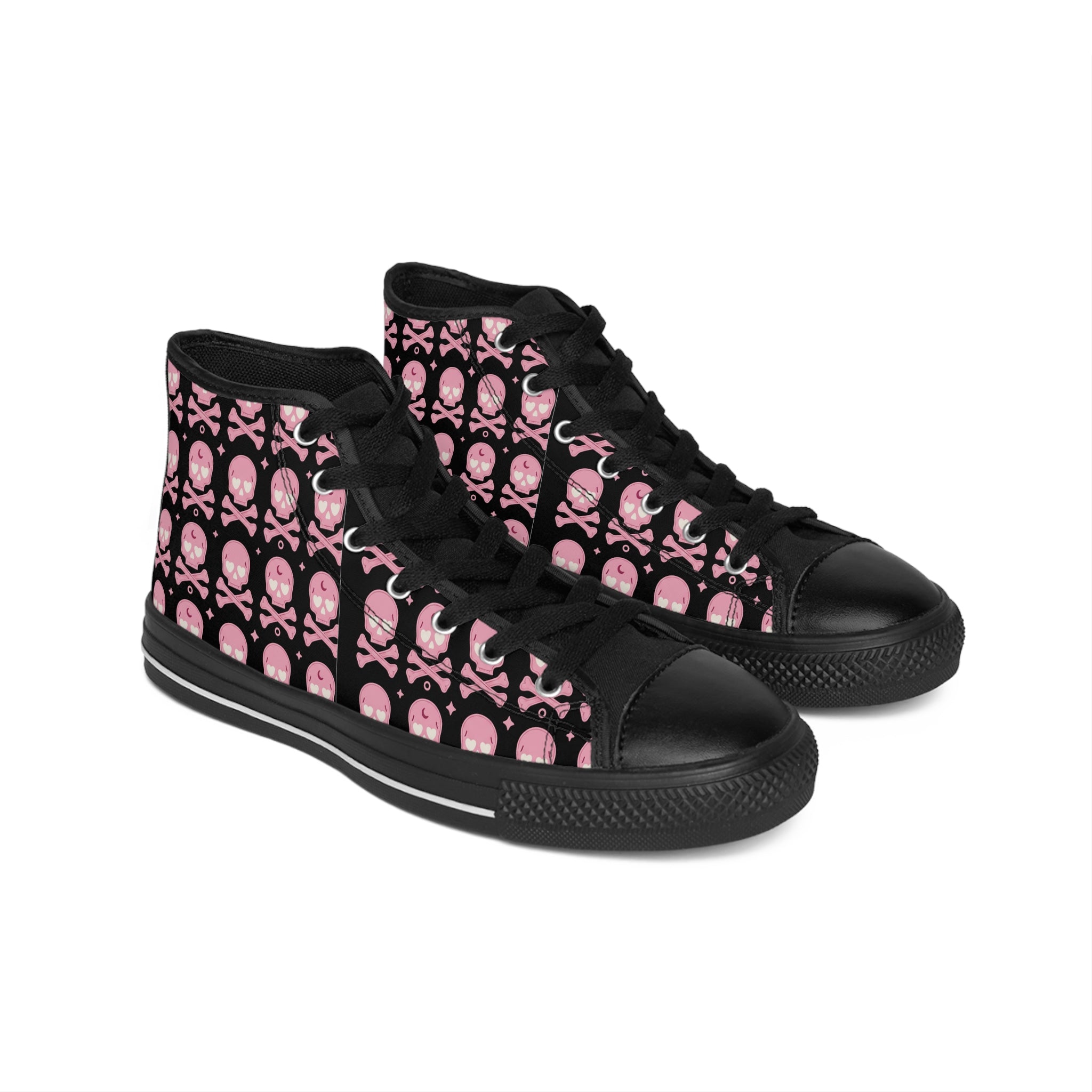 Women's High-Top Sneakers with Pink Skull Design