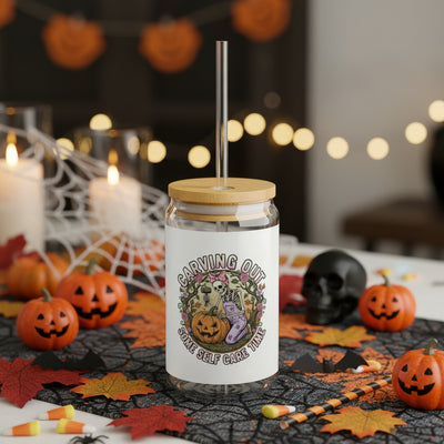 Carving Out Some Self-Care Sipper Glass, 16oz, Pumpkin Design