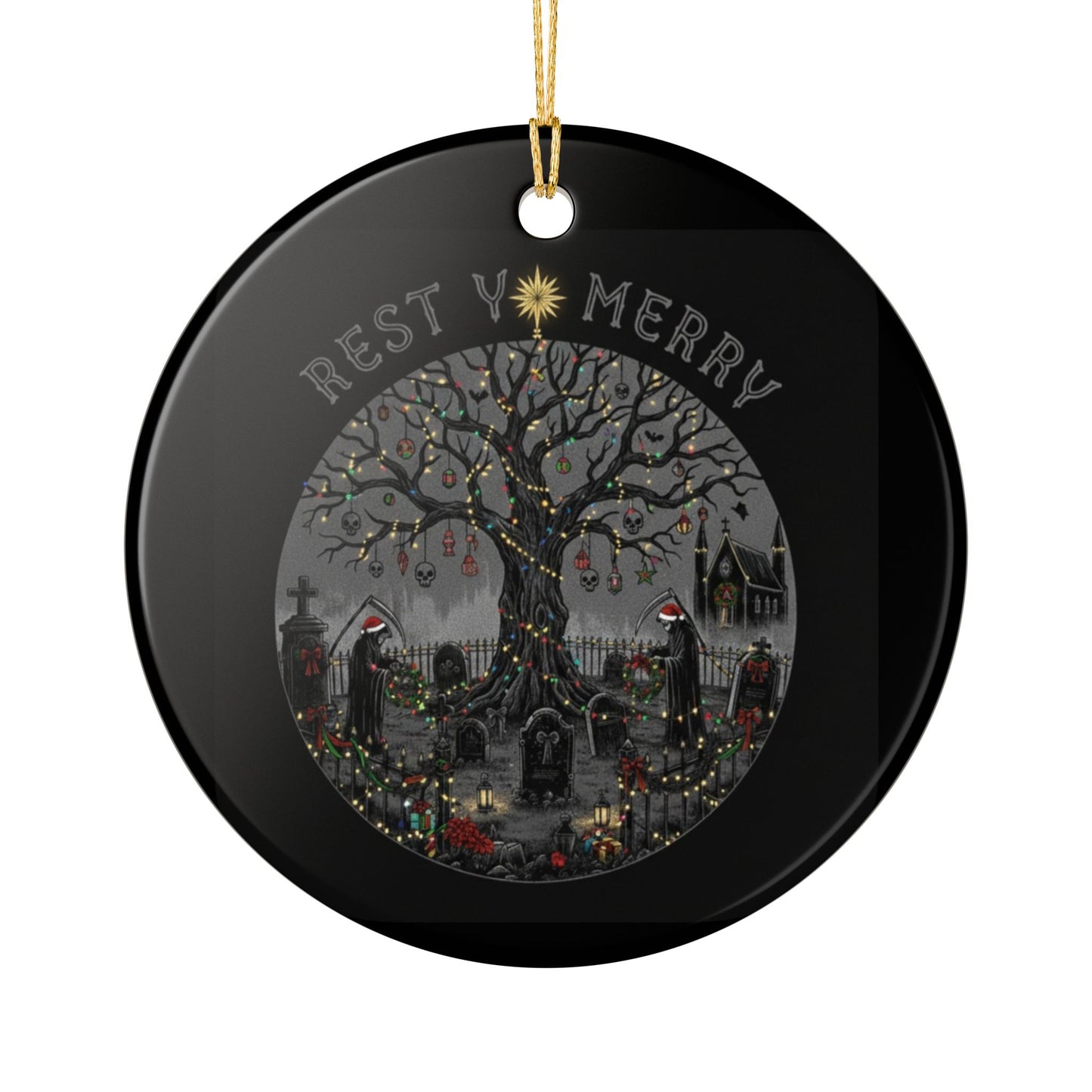 Ceramic Ornament 'Rest V Merry' Gothic Graveyard Christmas Tree Decoration
