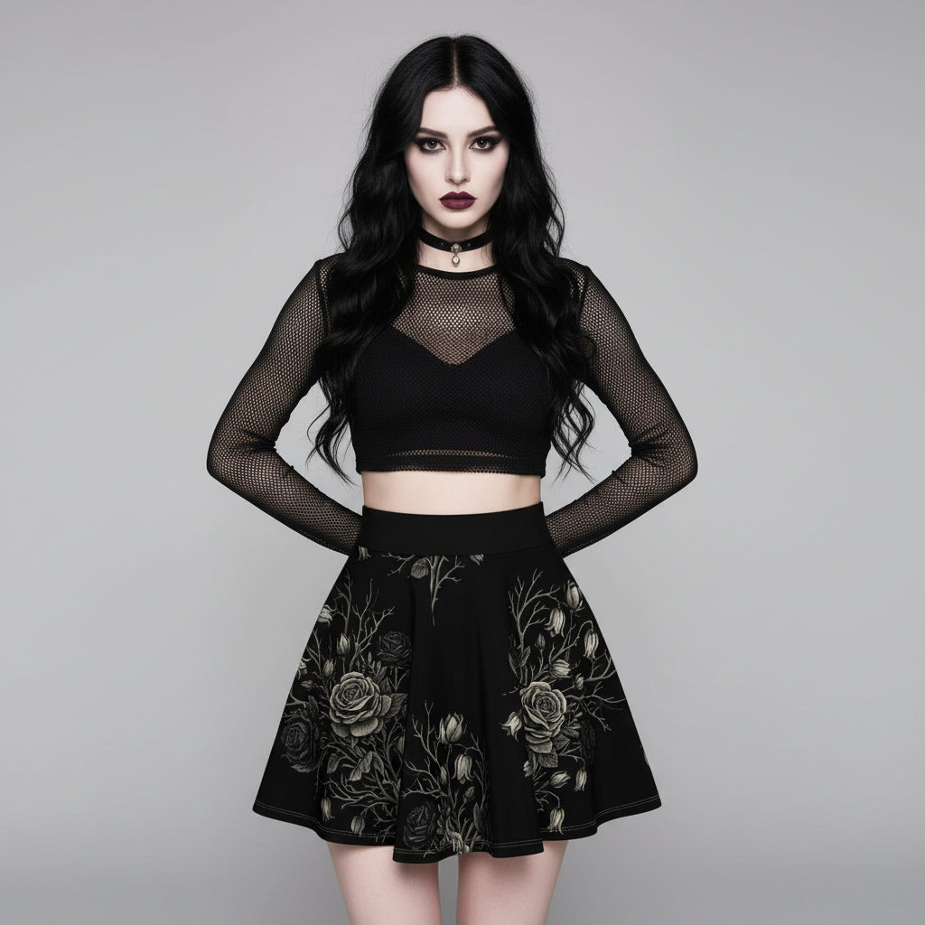 Silver Branch Skater Skirt High-Waist