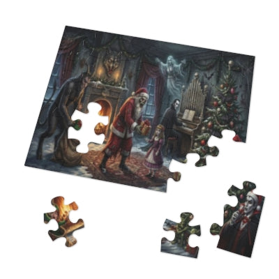 Haunted Christmas Jigsaw Puzzle — Gothic Santa Holiday Puzzle with Tin